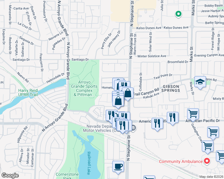 map of restaurants, bars, coffee shops, grocery stores, and more near 1425 Hometown Avenue in Henderson
