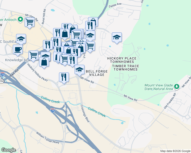 map of restaurants, bars, coffee shops, grocery stores, and more near 210 Hickory Forge Drive in Nashville