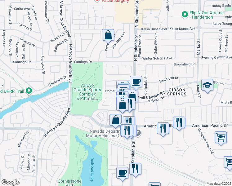 map of restaurants, bars, coffee shops, grocery stores, and more near 1425 Hometown Avenue in Henderson