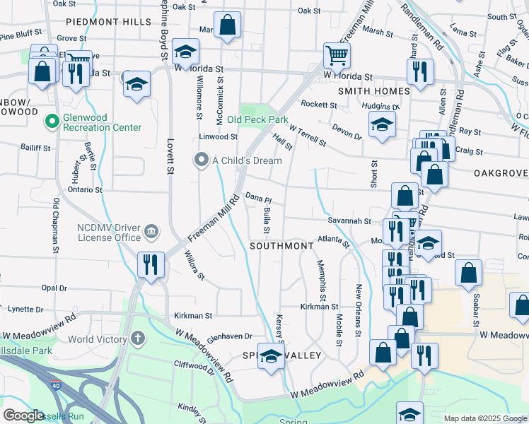 map of restaurants, bars, coffee shops, grocery stores, and more near 2112 Bulla Street in Greensboro