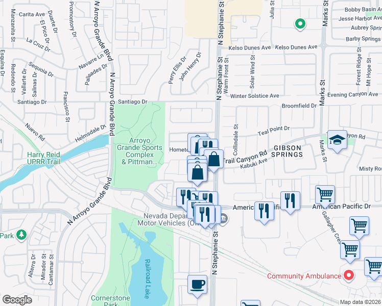 map of restaurants, bars, coffee shops, grocery stores, and more near 1421 Hometown Avenue in Henderson