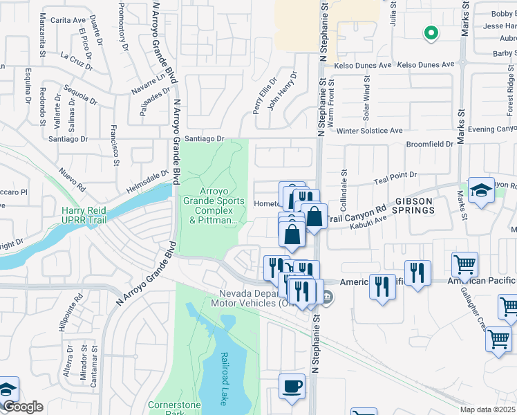 map of restaurants, bars, coffee shops, grocery stores, and more near 1439 Hometown Avenue in Henderson