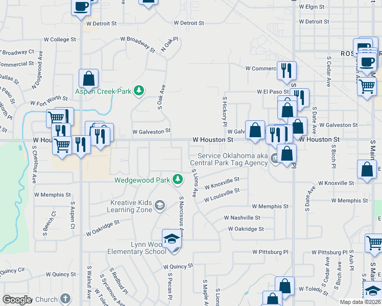 map of restaurants, bars, coffee shops, grocery stores, and more near 1222 West Jackson Circle in Broken Arrow