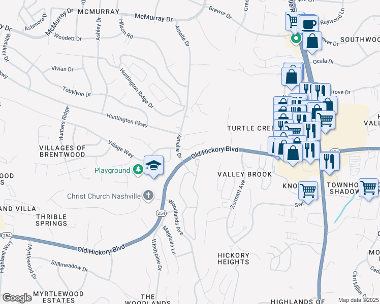 map of restaurants, bars, coffee shops, grocery stores, and more near 5758 Amalie Drive in Nashville