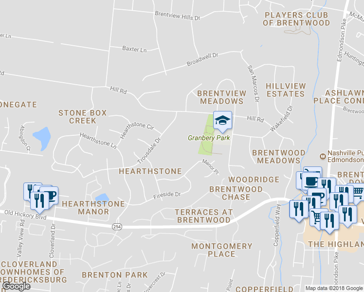 map of restaurants, bars, coffee shops, grocery stores, and more near 631 Hill Road in Brentwood