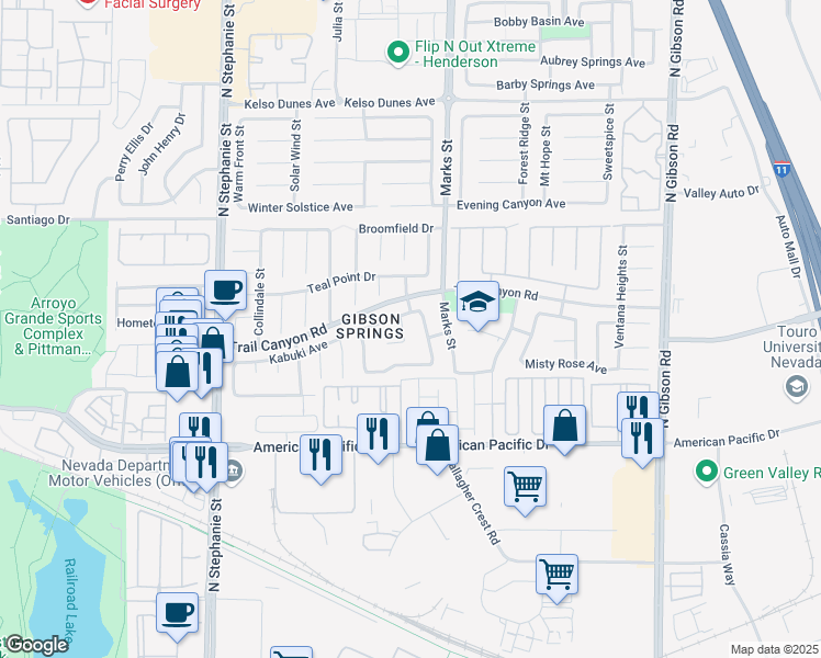 map of restaurants, bars, coffee shops, grocery stores, and more near 242 Prairie Sky Court in Henderson
