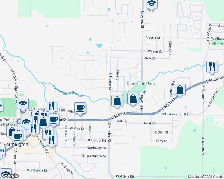 map of restaurants, bars, coffee shops, grocery stores, and more near 62 North Hunter Street in Farmington