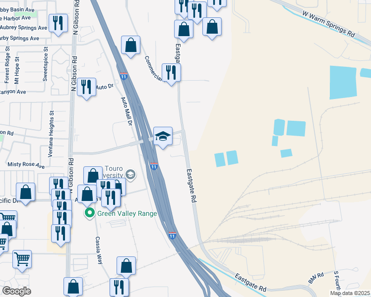 map of restaurants, bars, coffee shops, grocery stores, and more near 7777 Eastgate Road in Henderson
