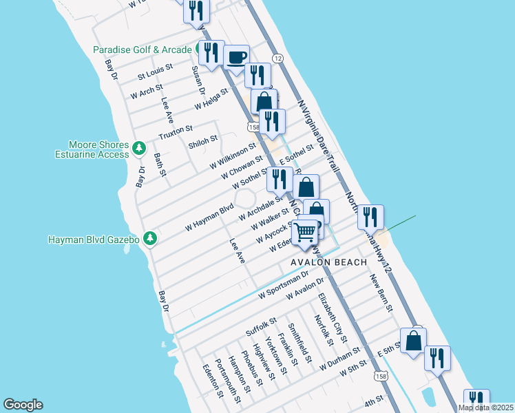 map of restaurants, bars, coffee shops, grocery stores, and more near 239 West Archdale Street in Kill Devil Hills