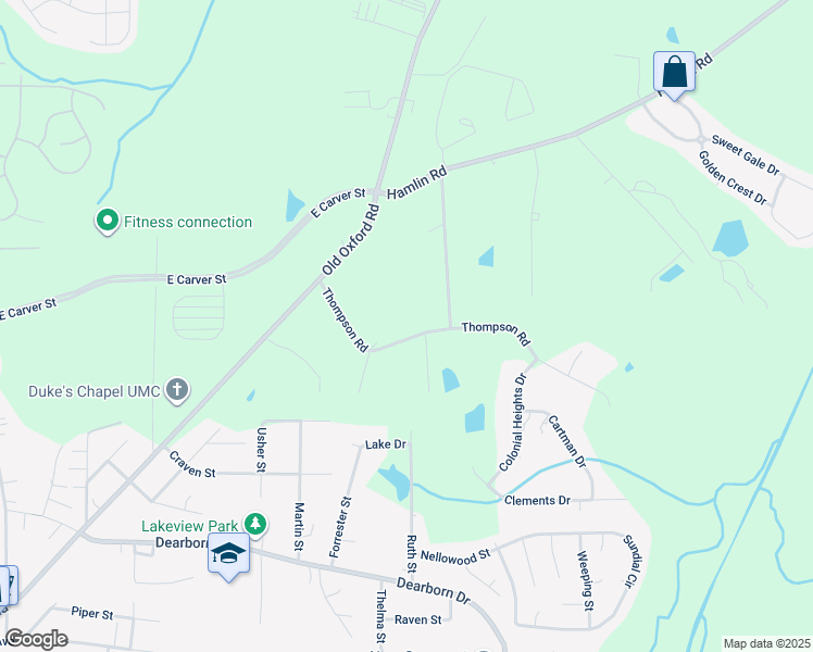 map of restaurants, bars, coffee shops, grocery stores, and more near 1117 Thompson Road in Durham