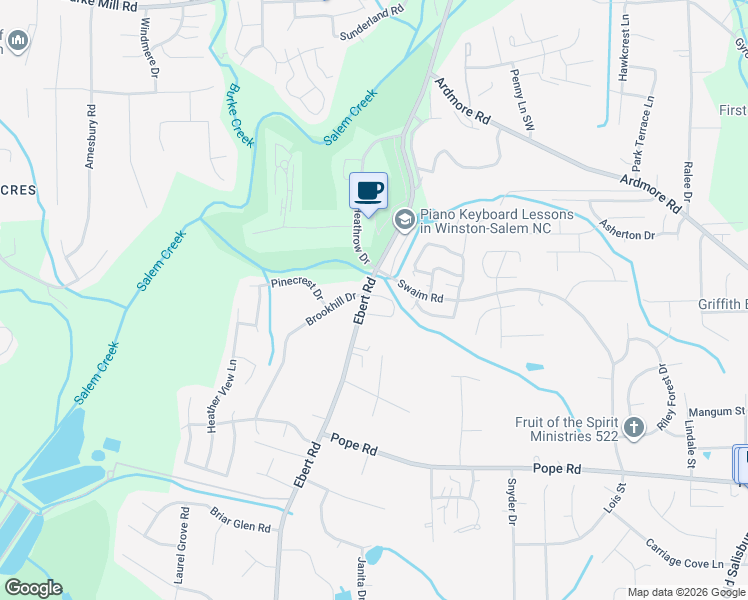 map of restaurants, bars, coffee shops, grocery stores, and more near 2800 Brookhill Drive in Winston-Salem