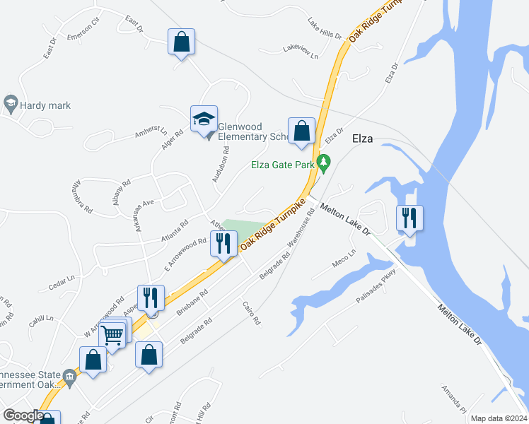 map of restaurants, bars, coffee shops, grocery stores, and more near 101 Arcadia Lane in Oak Ridge
