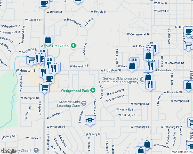 map of restaurants, bars, coffee shops, grocery stores, and more near 901 South Narcissus Avenue in Broken Arrow