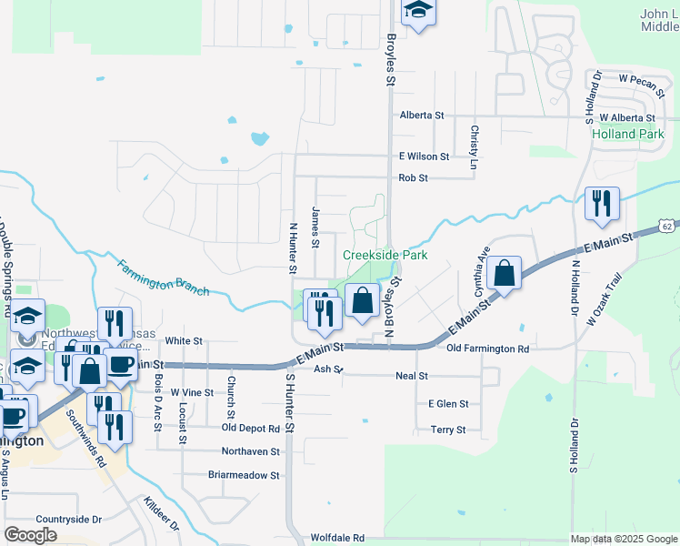 map of restaurants, bars, coffee shops, grocery stores, and more near 74 North Sable Street in Farmington