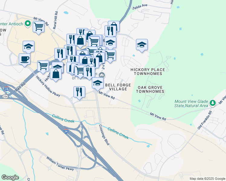 map of restaurants, bars, coffee shops, grocery stores, and more near 224 Hickory Forge Drive in Nashville