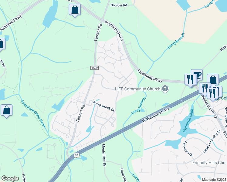 map of restaurants, bars, coffee shops, grocery stores, and more near 4446 River Forest Lane in Greensboro