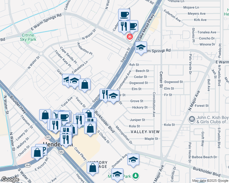 map of restaurants, bars, coffee shops, grocery stores, and more near 102 Continental Avenue in Henderson