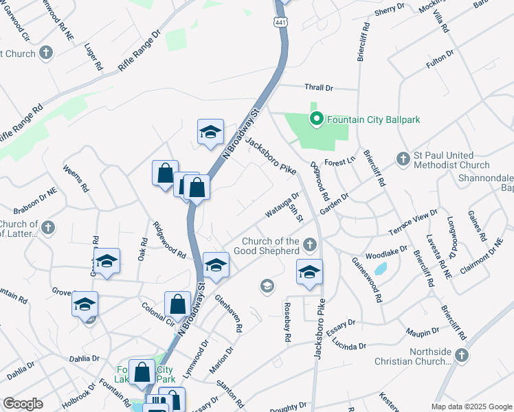 map of restaurants, bars, coffee shops, grocery stores, and more near 5627 Lon Roberts Drive in Knoxville