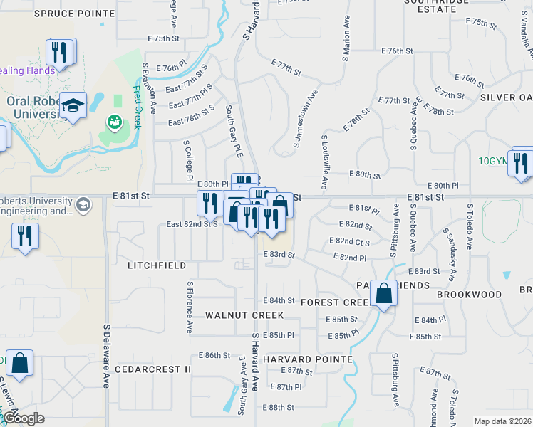 map of restaurants, bars, coffee shops, grocery stores, and more near 8177 South Harvard Avenue in Tulsa