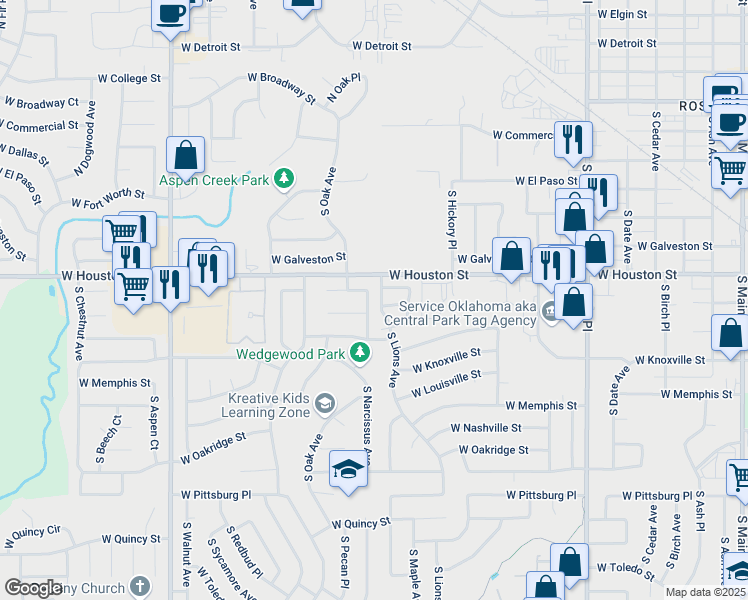 map of restaurants, bars, coffee shops, grocery stores, and more near 901 South Narcissus Avenue in Broken Arrow