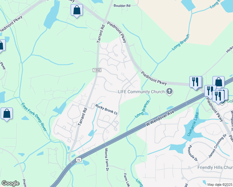 map of restaurants, bars, coffee shops, grocery stores, and more near 4446 River Forest Lane in Greensboro