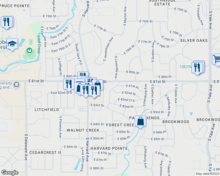 map of restaurants, bars, coffee shops, grocery stores, and more near 8212 South Louisville Avenue in Tulsa