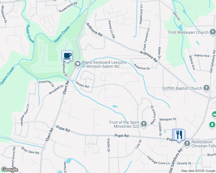 map of restaurants, bars, coffee shops, grocery stores, and more near 2006 Tea Berry Court in Winston-Salem
