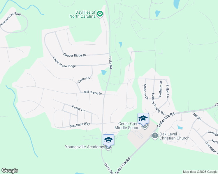 map of restaurants, bars, coffee shops, grocery stores, and more near 109 Kerigon Lane in Youngsville