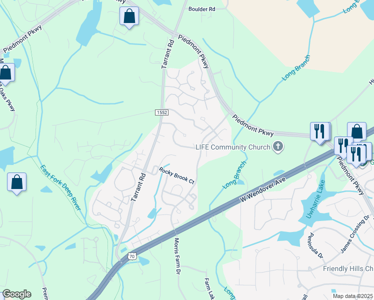 map of restaurants, bars, coffee shops, grocery stores, and more near 4440 River Forest Lane in Greensboro