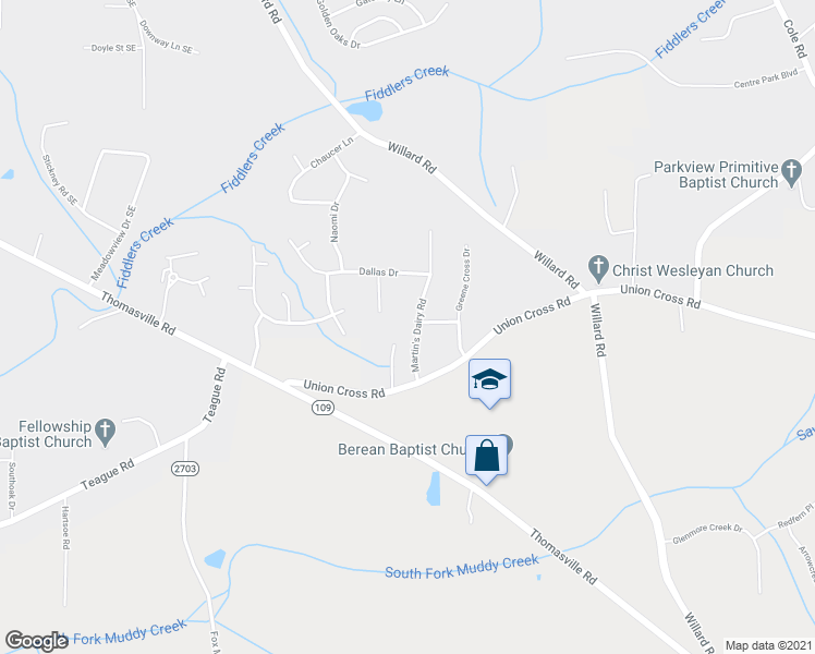 map of restaurants, bars, coffee shops, grocery stores, and more near 3015 Martin's Dairy Road in Winston-Salem
