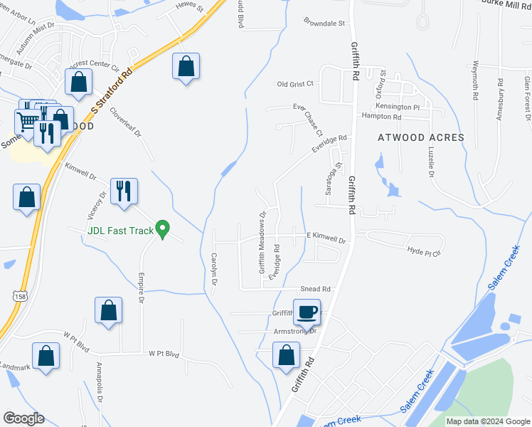 map of restaurants, bars, coffee shops, grocery stores, and more near 2431 Griffith Meadows Drive in Winston-Salem