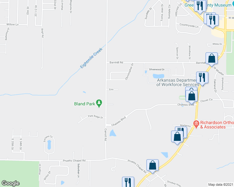 map of restaurants, bars, coffee shops, grocery stores, and more near 2422 Erin in Paragould