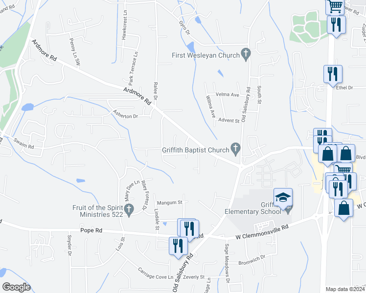 map of restaurants, bars, coffee shops, grocery stores, and more near 2045 Highfield Park Drive Southwest in Winston-Salem