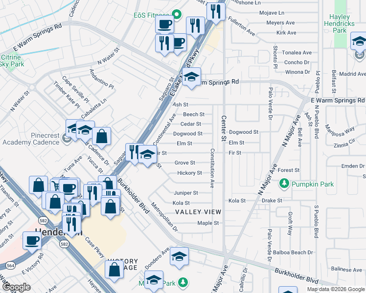 map of restaurants, bars, coffee shops, grocery stores, and more near 129 Fir Street in Henderson