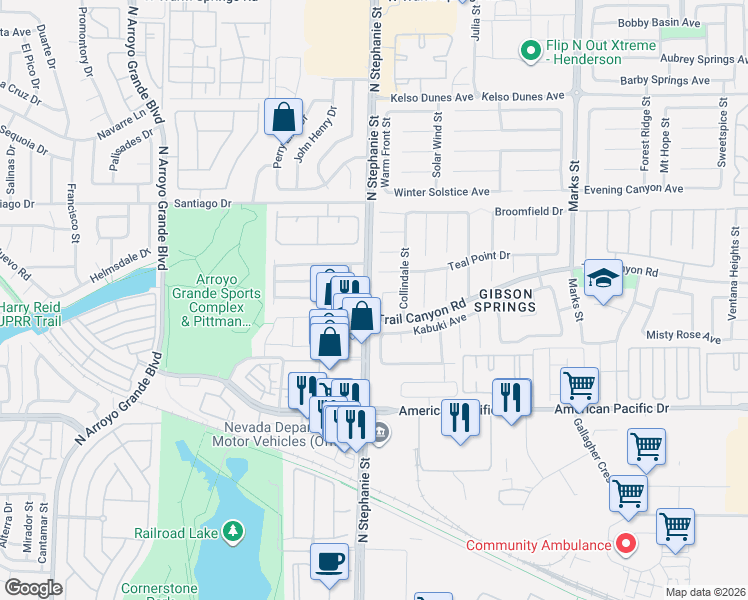map of restaurants, bars, coffee shops, grocery stores, and more near 249 North Stephanie Street in Henderson