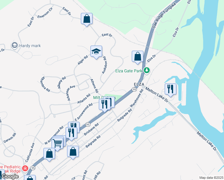 map of restaurants, bars, coffee shops, grocery stores, and more near 107 Arcadia Lane in Oak Ridge