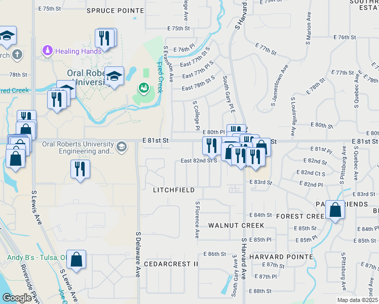map of restaurants, bars, coffee shops, grocery stores, and more near 8205 South College Place in Tulsa