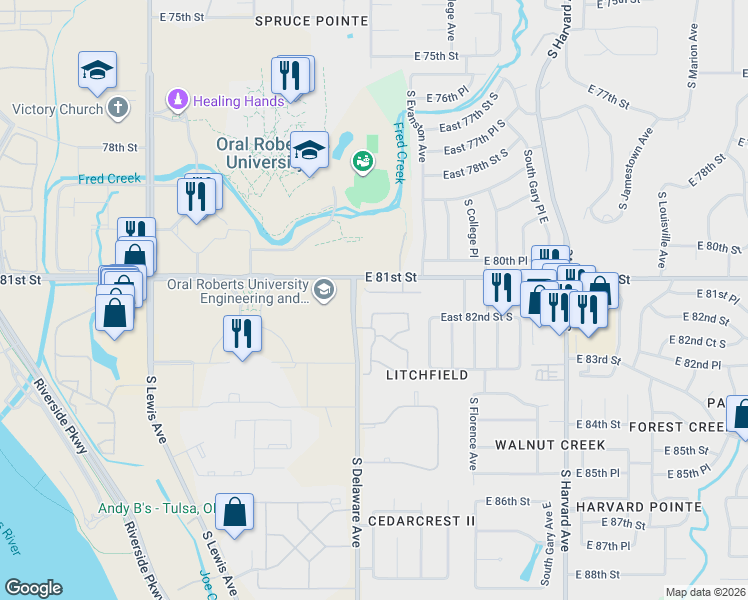 map of restaurants, bars, coffee shops, grocery stores, and more near 2822 East 82nd Street South in Tulsa