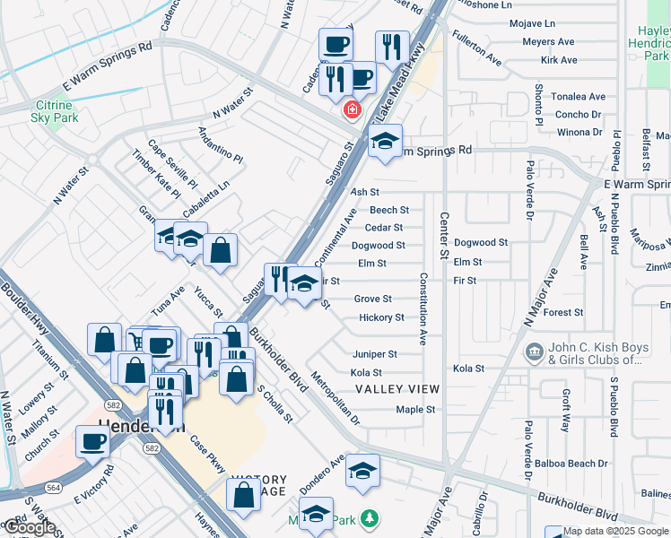 map of restaurants, bars, coffee shops, grocery stores, and more near 107 Elm Street in Henderson