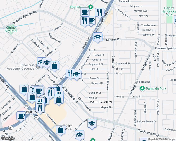 map of restaurants, bars, coffee shops, grocery stores, and more near 113 Elm Street in Henderson