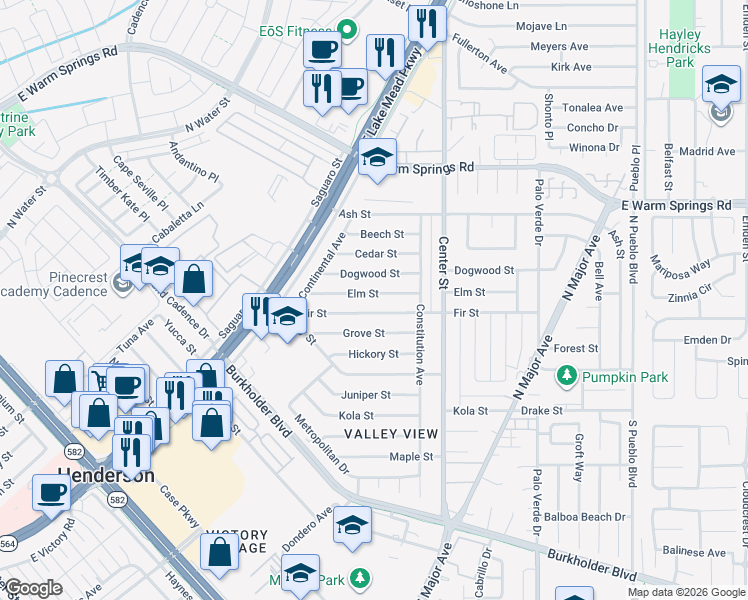 map of restaurants, bars, coffee shops, grocery stores, and more near 129 Fir Street in Henderson