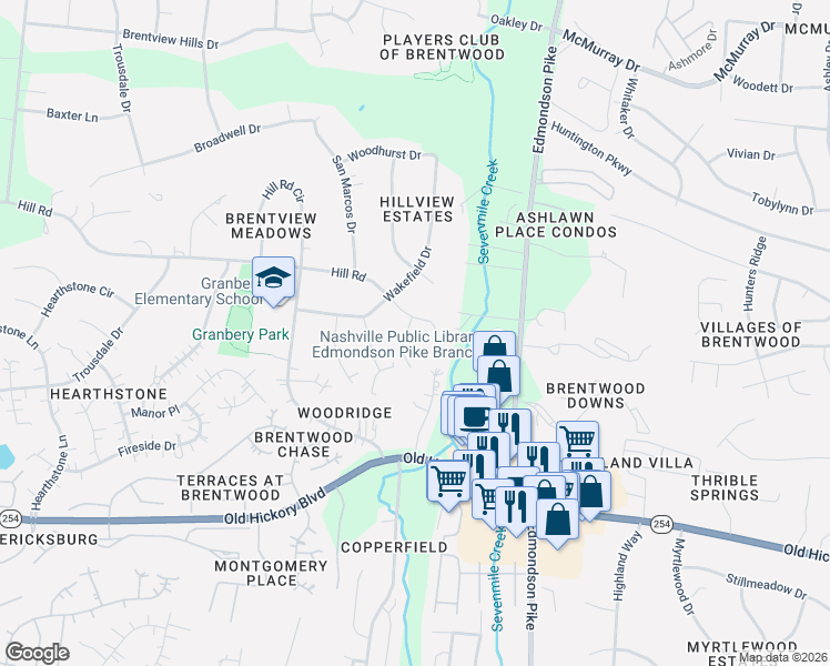 map of restaurants, bars, coffee shops, grocery stores, and more near 5516 Hill Court in Nashville