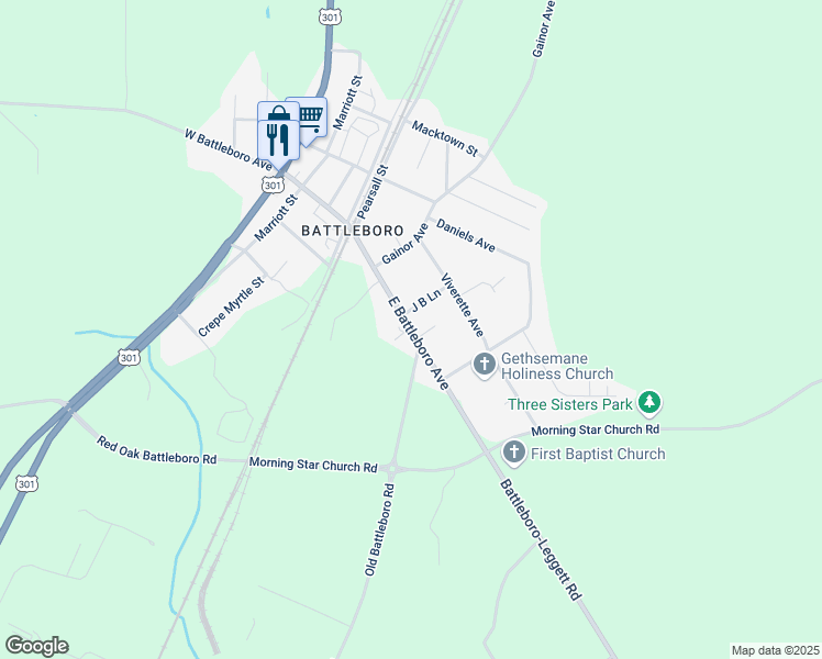 map of restaurants, bars, coffee shops, grocery stores, and more near East Battleboro Avenue in Rocky Mount