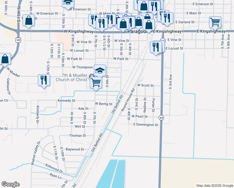map of restaurants, bars, coffee shops, grocery stores, and more near 500 West Baldwin Street in Paragould
