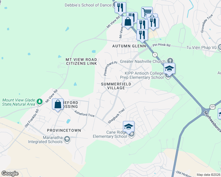 map of restaurants, bars, coffee shops, grocery stores, and more near 3017 Summercrest Trail in Nashville