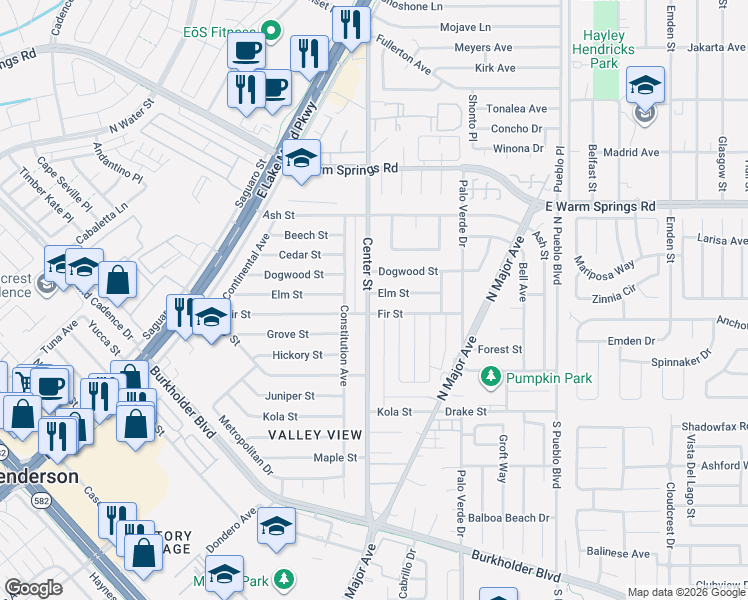 map of restaurants, bars, coffee shops, grocery stores, and more near 200 Elm Street in Henderson
