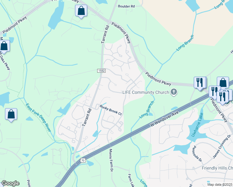 map of restaurants, bars, coffee shops, grocery stores, and more near 4440 River Forest Lane in Greensboro