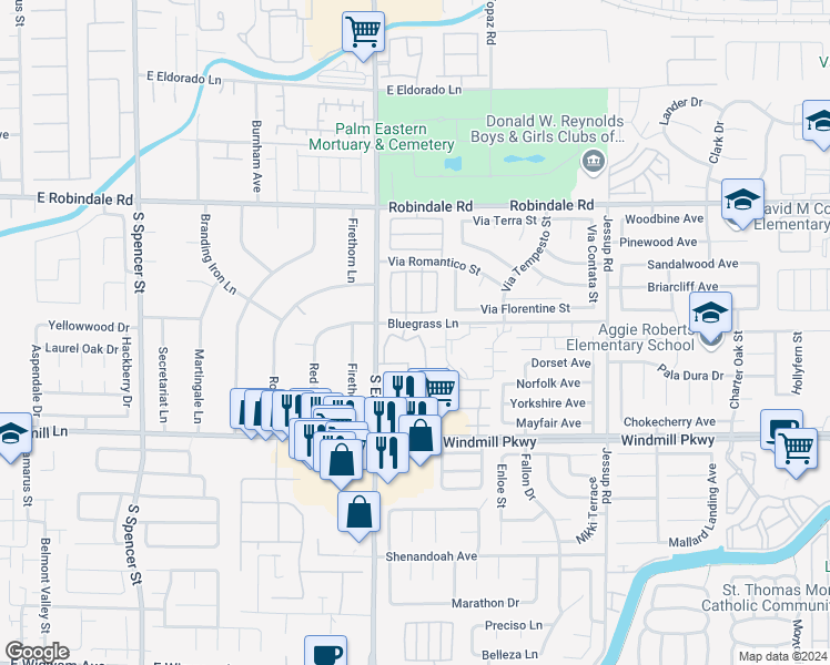 map of restaurants, bars, coffee shops, grocery stores, and more near 2975 Bluegrass Lane in Henderson