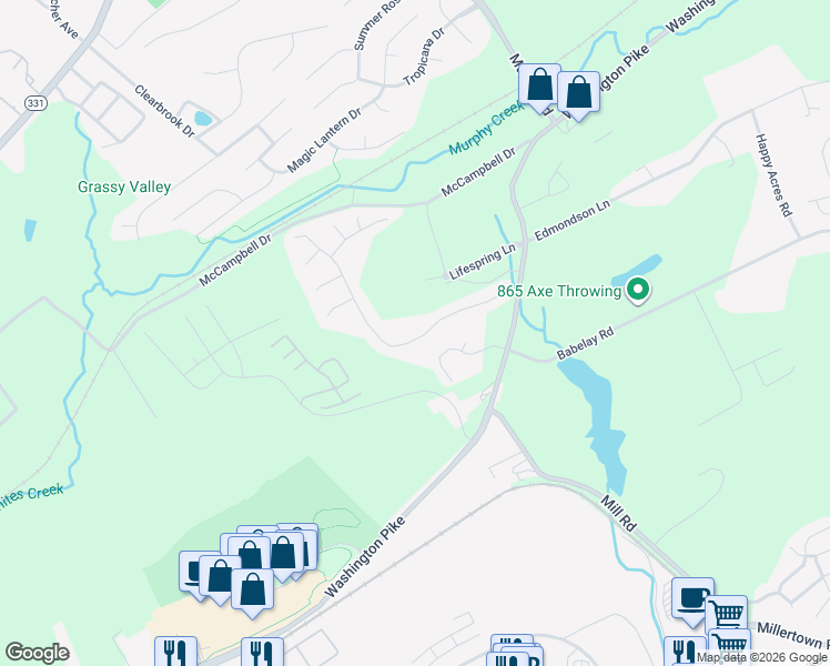 map of restaurants, bars, coffee shops, grocery stores, and more near 4415 Aylesbury Drive in Knoxville