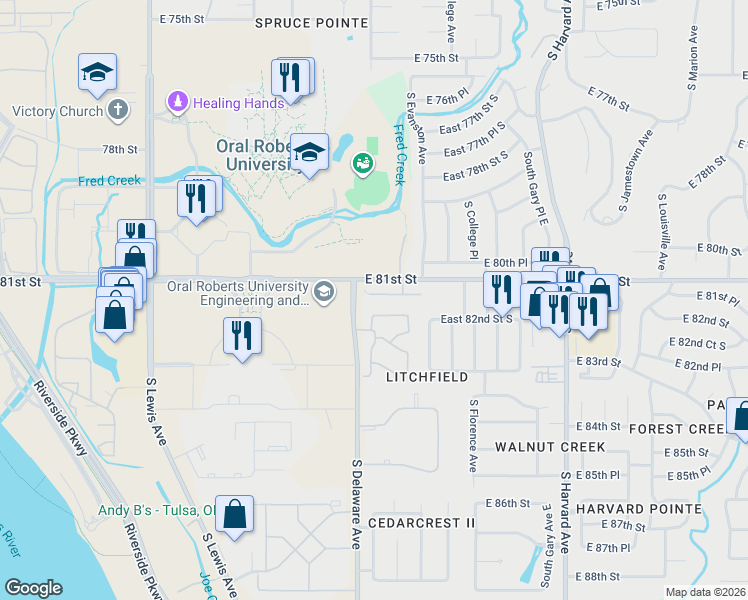 map of restaurants, bars, coffee shops, grocery stores, and more near 2822 East 82nd Street South in Tulsa